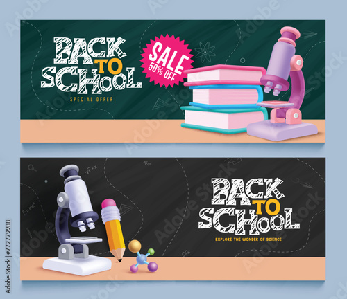 Back to school text vector banner set. Back to school greeting, sale and invitation in chalk board with telescope, books and pencil decoration elements for educational learning background. Vector 