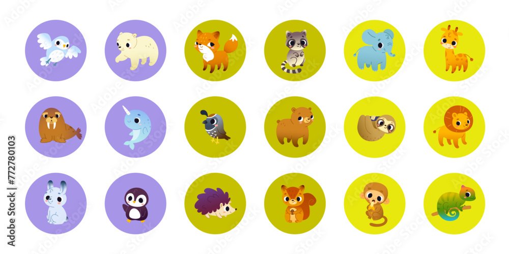 Cartoon set of baby animals in circles. Vector bundle of cute wild animals for kids. Animals stickers collection. Cartoon set of baby animals in circles. Vector bundle of cute wild animals for kids. Animals stickers collection.
