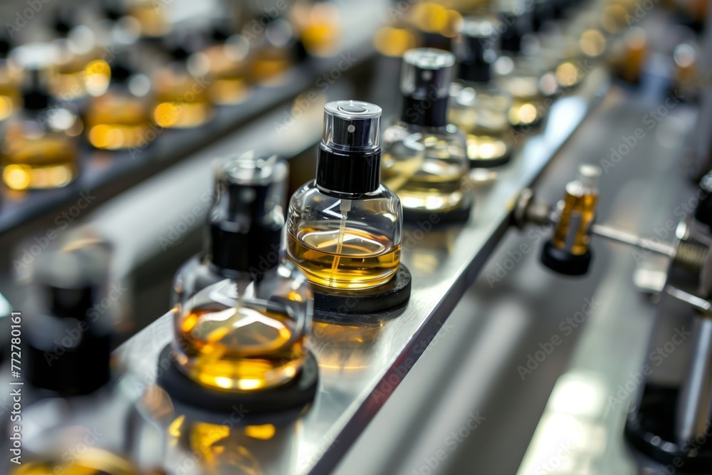 closeup of an assembly line with perfume bottles being capped closeup of an assembly line with perfume bottles being capped