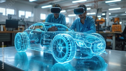 Two Men Using VR Technology for Car Design in a Bright Office