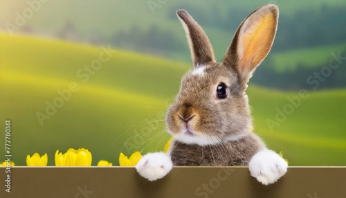 Easter Bunny Delight  Adorable Rabbit Peeking Over Copy Space Banner 