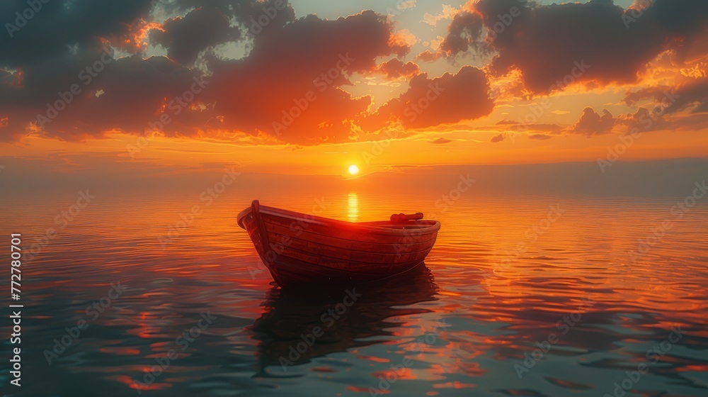  A small boat floats on a large body of water beneath a cloudy sky as the sun sets in the distance