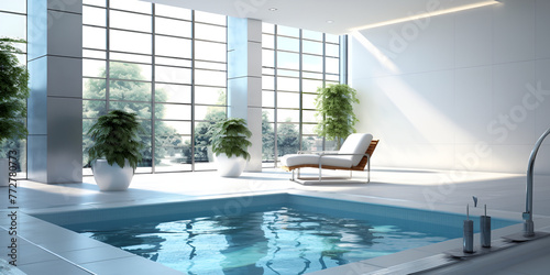 Indoor swimming pool in a luxury urban building blue tiled walls and white floor deck chairs plants with sunlight background
