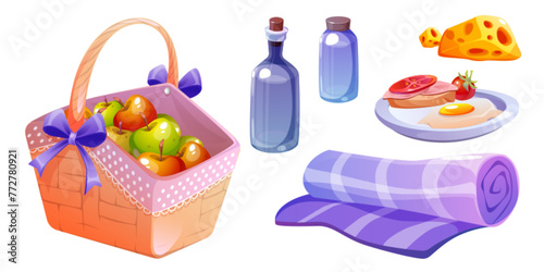Picnic basket and food set isolated on white background. Vector cartoon illustration of wicker bag with apples, glass bottle and jar, checkered blanket, cheese and sandwich on plate, outdoor party