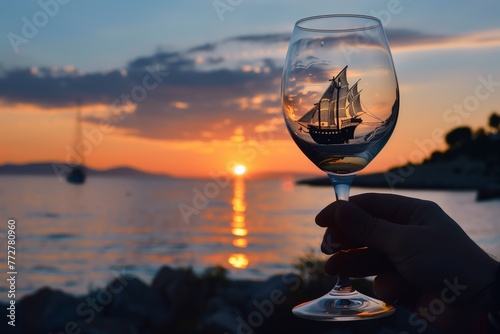 person holding a wine glass with a ship  standing by the seaside at sunset
