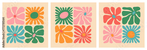 Colorful retro flower illustration set. Vintage style hippie floral clipart element design collection. Hand drawn nature collage, spring season drawing bundle with daisy flowers.