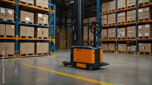 AGV (Automated guided vehicle) in warehouse logistic and transport. generative.ai