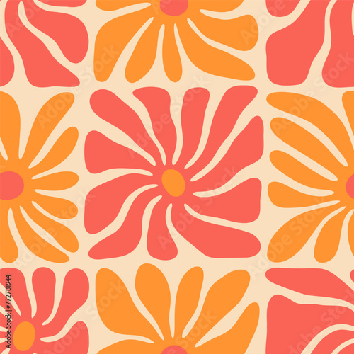 Colorful floral seamless pattern illustration. Vintage style hippie flower background design. Geometric checkered wallpaper print, spring season nature backdrop texture with daisy flowers. © Dedraw Studio