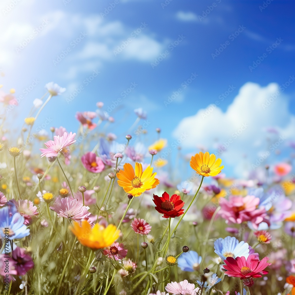 Garden wild field of beautiful blooming spring or summer flowers in a meadow, with sunlight and blue sky. Daisy flower against blue sky Garden wild field of beautiful blooming spring or summer flowers in a meadow, with sunlight and blue sky. Daisy flower against blue sky