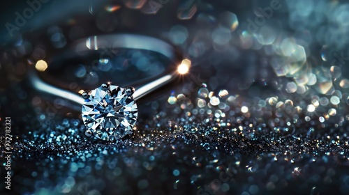 Elegant Diamond Engagement Ring on Dark Reflective Surface photo