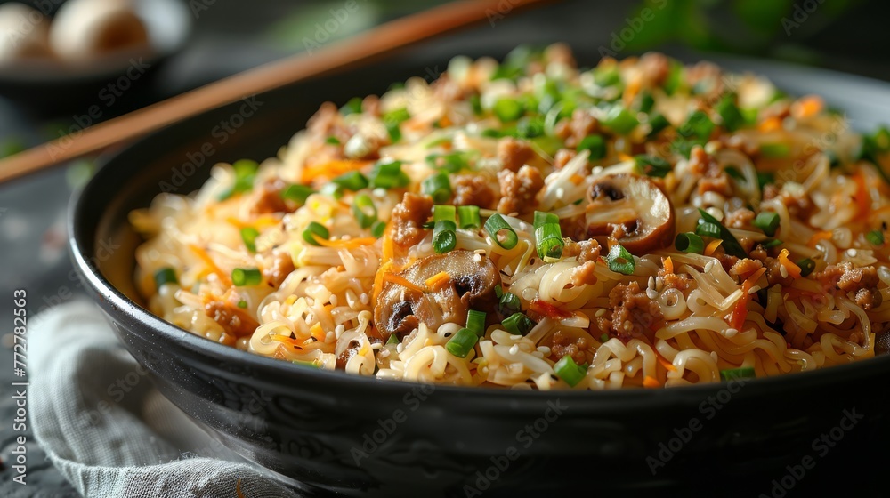 A bowl of rice with green onions and carrots, viewed closely, on a table with chopsticks A bowl of rice with green onions and carrots, viewed closely, on a table with chopsticks