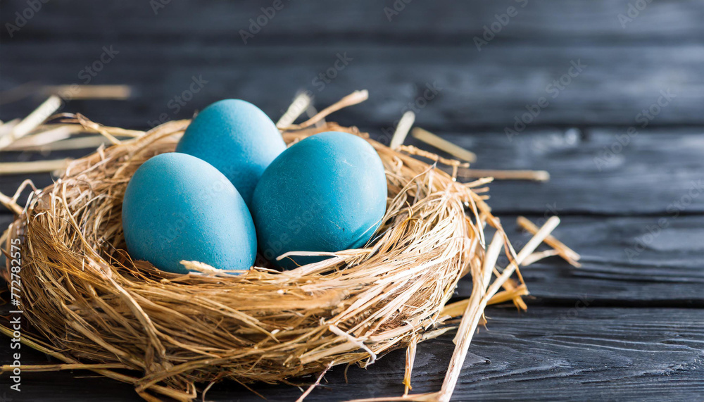 three blue eggs sit in a nest on a black wooden surface, with a dark background, in the center of the image is a straw nest with three blue eggs. three blue eggs sit in a nest on a black wooden surface, with a dark background, in the center of the image is a straw nest with three blue eggs.