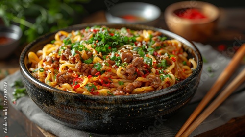  A close-up of a bowl of noodles, meat, and vegetables on a table with chopsticks