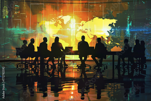 Silhouettes of business executives gathered around a backlit conference table, their forms outlined by the glow of a digital world map.