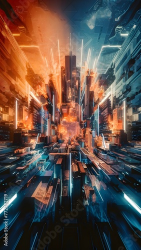futuristic cityscape, he sky is a blend of oranges and blues, evoking a sense of innovation and technology. 