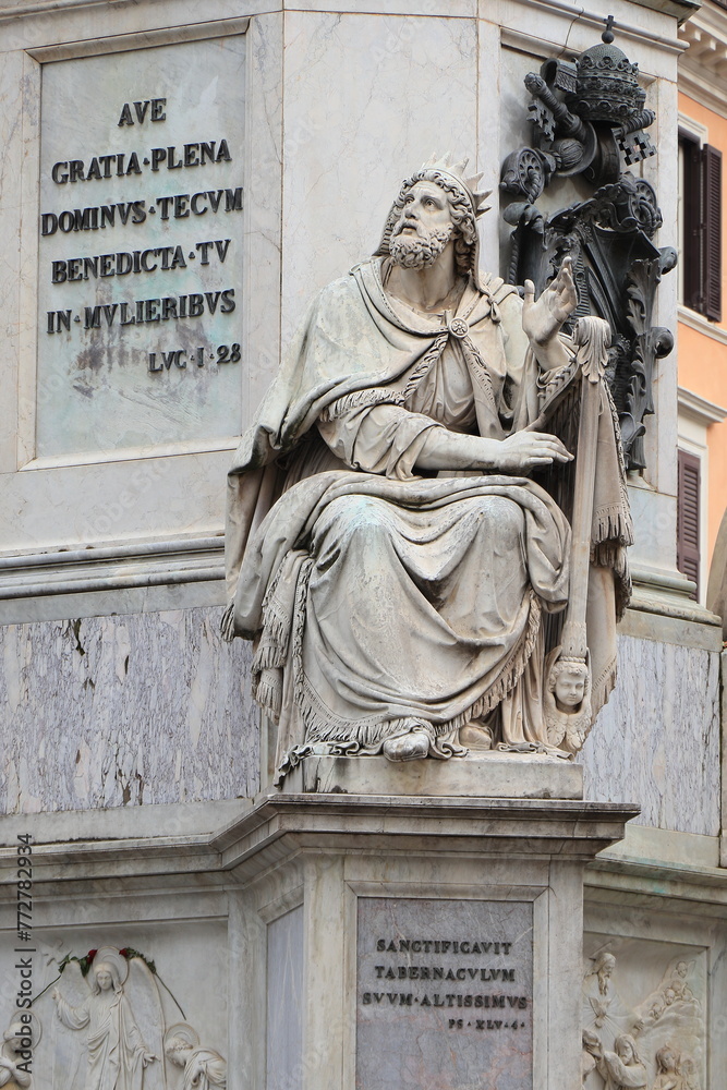 Statue of King David Playing a Harp at Piazza Mignanelli Square in Rome, Italy