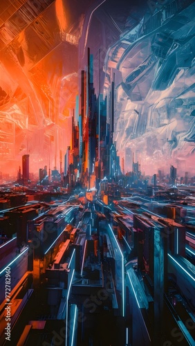 futuristic cityscape, he sky is a blend of oranges and blues, evoking a sense of innovation and technology. 