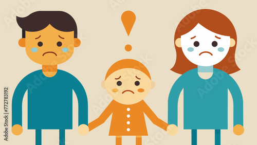 A childs drawing of themselves standing between two smiling stickfigure parents but with tears streaming down their face expressing the inner