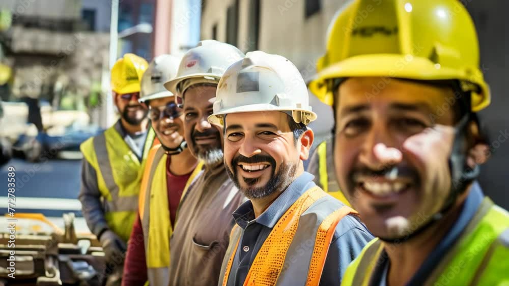 Happy team of construction workers wearing helmets and smiling Happy team of construction workers wearing helmets and smiling