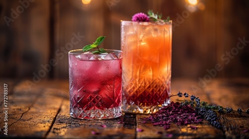   Two glasses of drinks resting on a wooden table alongside lavender sprigs