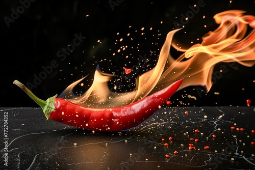 red chili pepper with fire trail on black backdrop