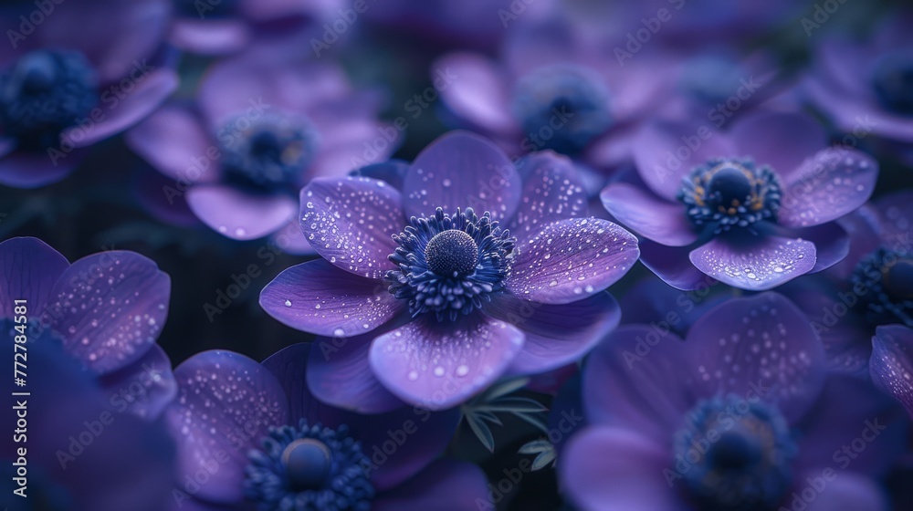 A macro shot of several purple blooms with water droplets on their petals A macro shot of several purple blooms with water droplets on their petals