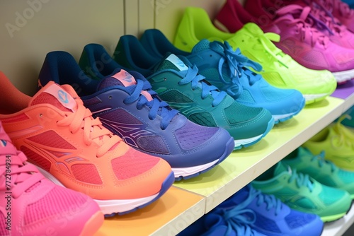 kids running shoes organized in a color gradient on a shelf