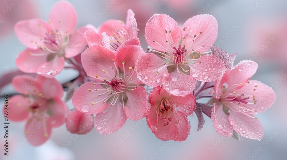   A cluster of pink blossoms adorned with dew drops set against a fuzzy backdrop featuring a blue sky