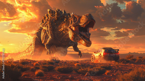 A massive dinosaur chases a speeding car through a desert with a fiery sunset sky above © weerasak