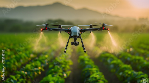 Agricultural drone spraying crops in the field at sunrise. Innovative farming technology and precision agriculture concept. Design for posters, advertisements, and agricultural services, generative ai