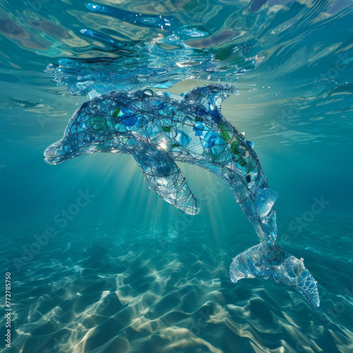 A dolphin sculpture is floating in the ocean