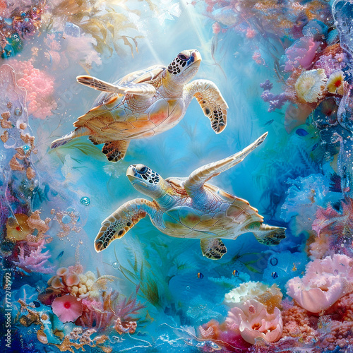 In a tranquil underwater scene delicate sea turtles glide past coral and tendrils that shimmer with pastel colors