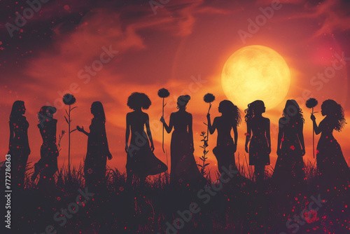 Diverse women standing together, each holding a flower, against a sunrise background, representing strength, diversity, and celebration.