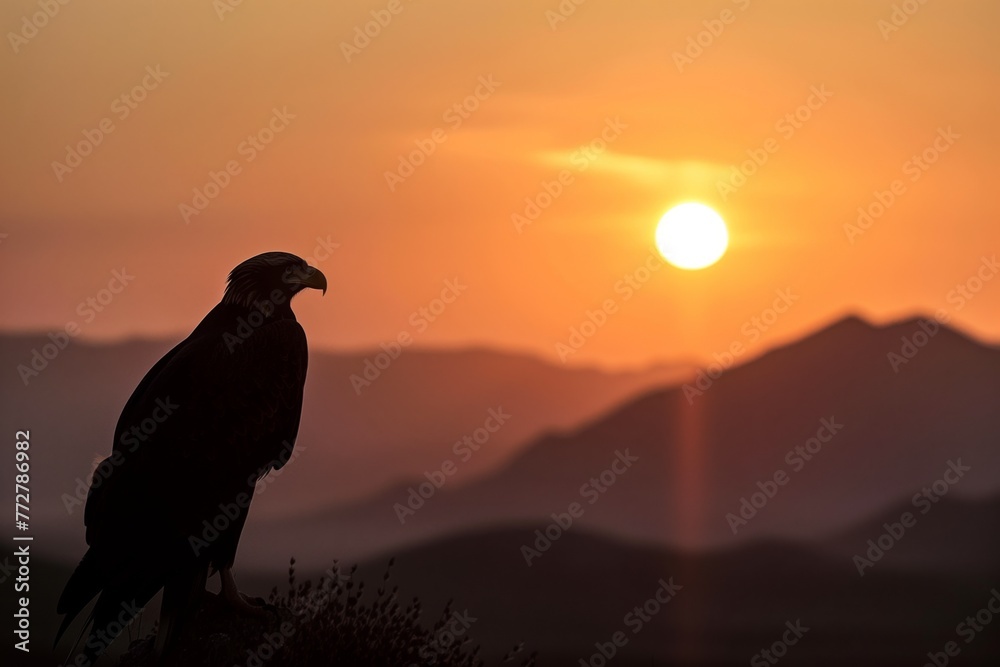 Fototapeta premium a distant eagle silhouetted by the setting sun behind mountains