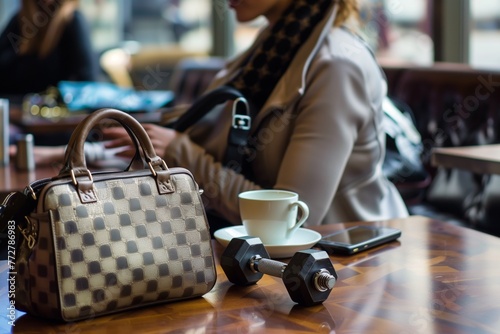 person at cafe table, handbag beside, dumbbell handle visible