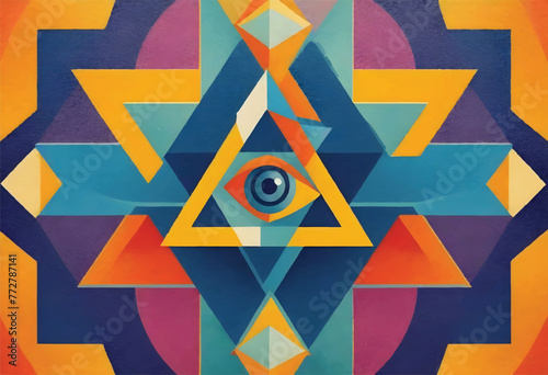 a painting of a triangle with a blue eye and a geometric pattern