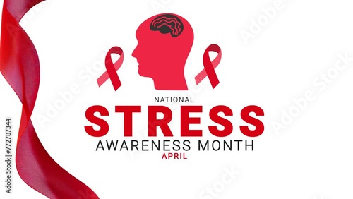 National Stress awareness month. red color ribbon wave motion. head illustration. photo