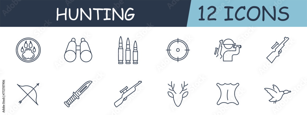 Hunting set line icon. Binoculars, caliber, knife, skinning, hunter, cartridge case, deer. 12 line icon. Vector line icon for business and advertising Hunting set line icon. Binoculars, caliber, knife, skinning, hunter, cartridge case, deer. 12 line icon. Vector line icon for business and advertising