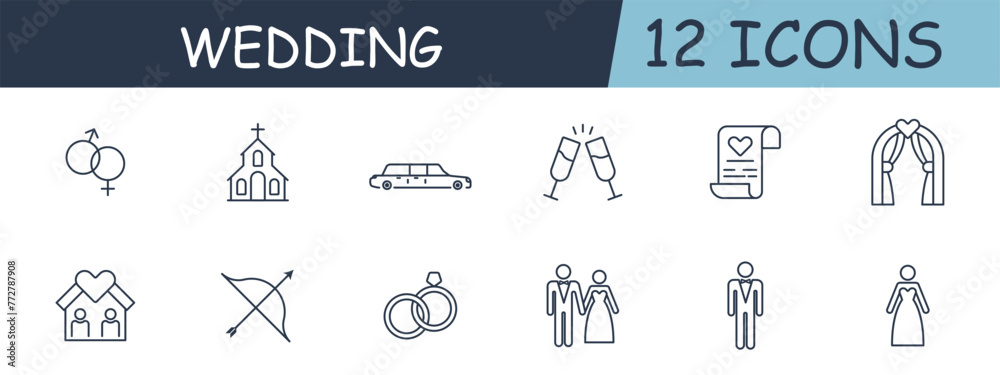 Wedding set line icon. Church, bow, Cupid, love, emotions, couple, groom, bride, contract, document, registration. 12 line icon. Vector line icon for business and advertising