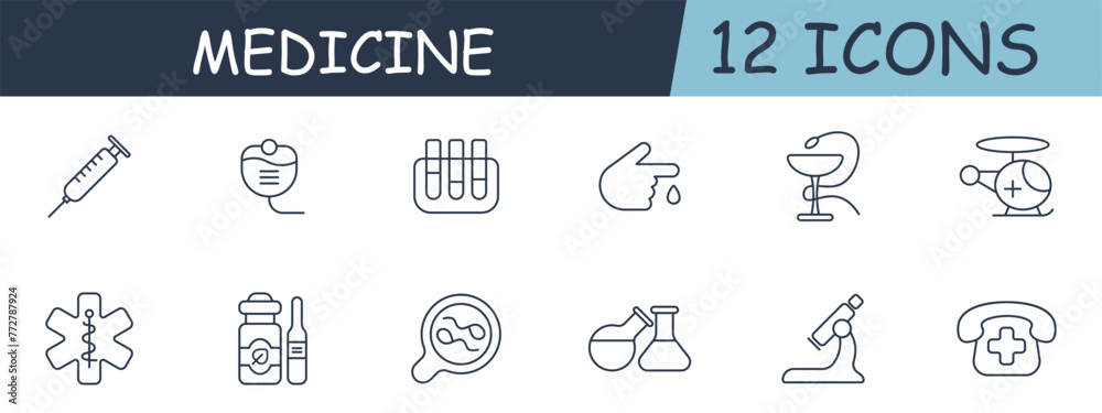 Medicine set line icon. Analysis, blood, helicopter, chemicals, flask, beaker, microscope, magnification. 12 line icon. Vector line icon for business and advertising