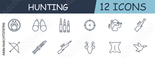 Hunting set line icon. Binoculars, caliber, knife, skinning, hunter, cartridge case, deer. 12 line icon. Vector line icon for business and advertising