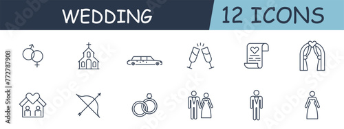 Wedding set line icon. Church, bow, Cupid, love, emotions, couple, groom, bride, contract, document, registration. 12 line icon. Vector line icon for business and advertising
