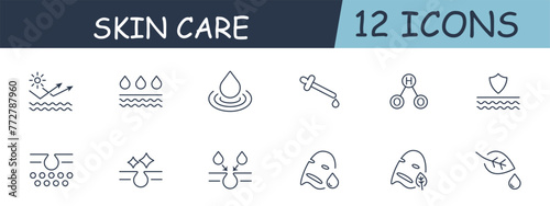 Skin care set line icon. Drop, moisturizing, mask, Korean cosmetics, treatment, chewing. 12 line icon. Vector line icon for business and advertising