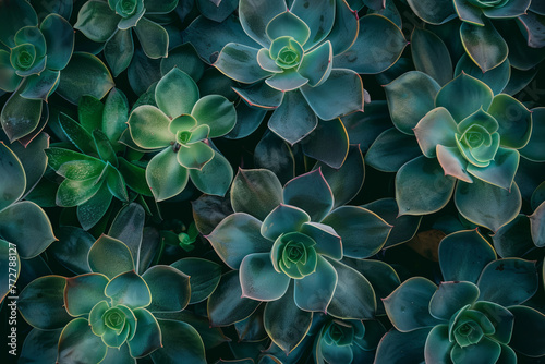 Top view of symmetrical succulent garden captured in a modern and minimalist style  showcasing the geometric patterns and textures of the plants under soft overhead lighting.