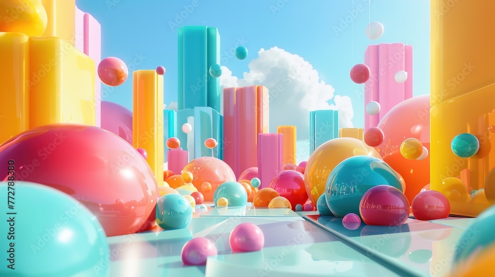 Candy colored abstract 3d cityscape with glossy spheres and skyscrapers Candy colored abstract 3d cityscape with glossy spheres and skyscrapers