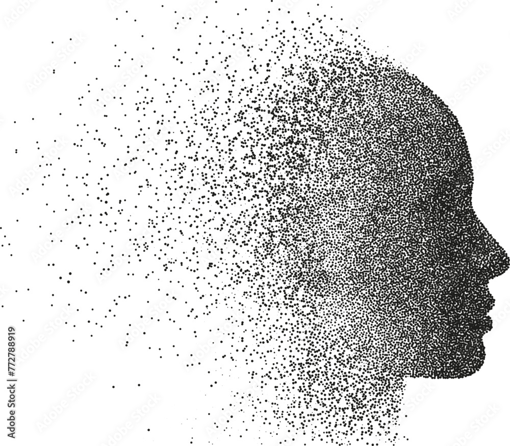Vector particle face silhouette. Female profile illustration disintegrating into stipple particle effect. Girl's face in cyberspace, disintegrating into humanoid silhouette.