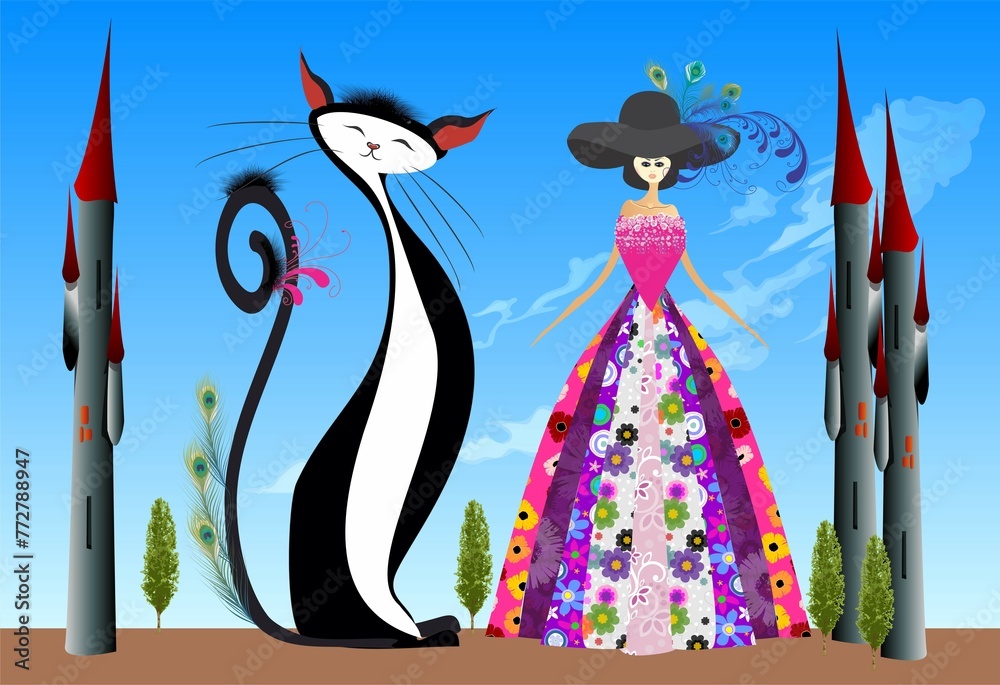 Obraz premium composition with a woman and a black and white cat