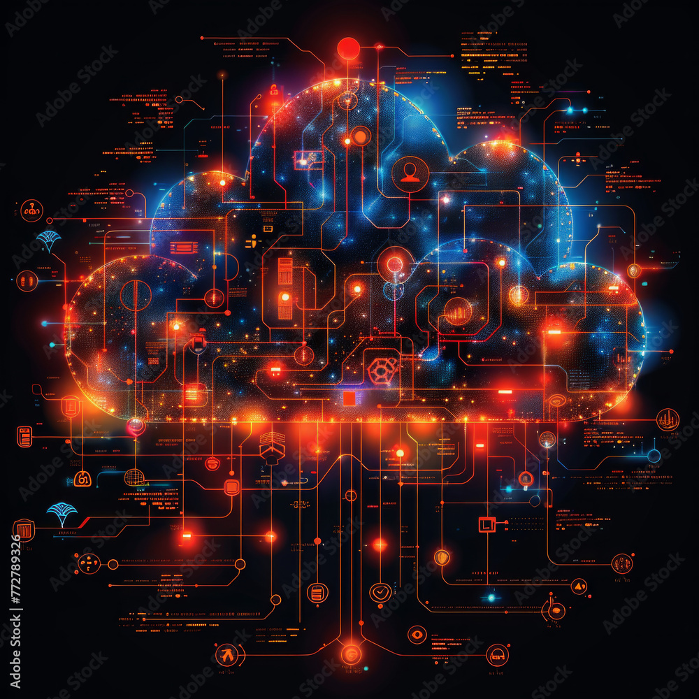 A computerized cloud with many different icons and lines