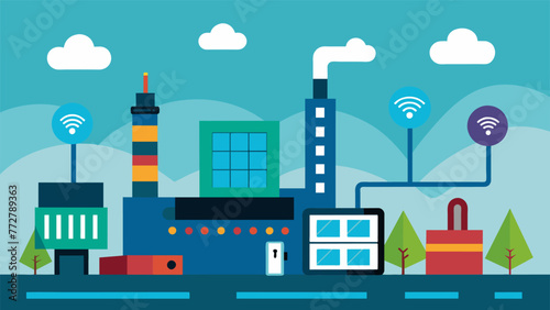 A panoramic view showcasing the seamless integration of edge computing devices throughout the factory all powered by the highspeed and