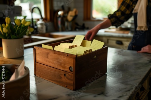 person with a wooden recipe box filled with index cards on a kitchen counter